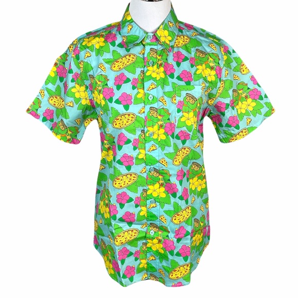 Teenage Mutant Ninja Turtle Pizza and Flowers Button Down Shirt, Blue Small - Picture 10 of 10